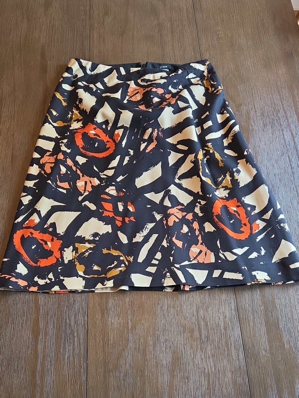 J. Crew Navy Abstract Print A-Line Skirt with Cream and Orange Accents Sz 4